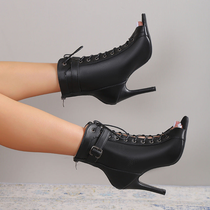 Women's Peep Toe High Heel Pumps Shoes Fashion Lace-up Buckle Sandals