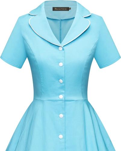 GownTown Women's 1950s Vintage Short Sleeves Notch Lapel Swing Dress