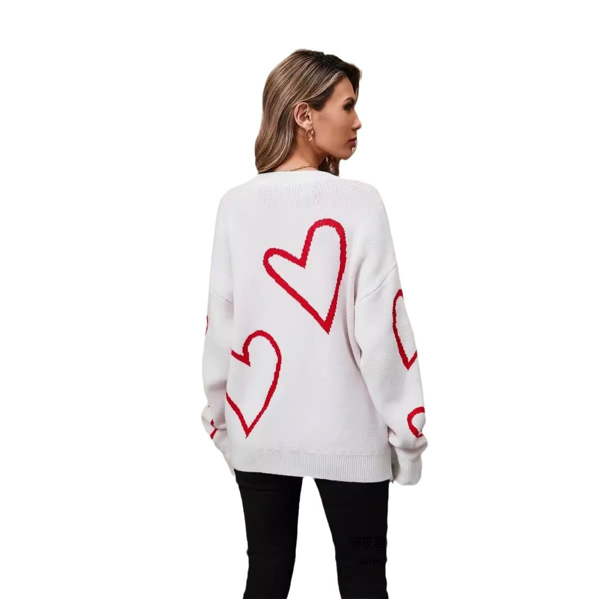 Female With Hearts Pullover Big Peach Heart Contrast Color Sweater