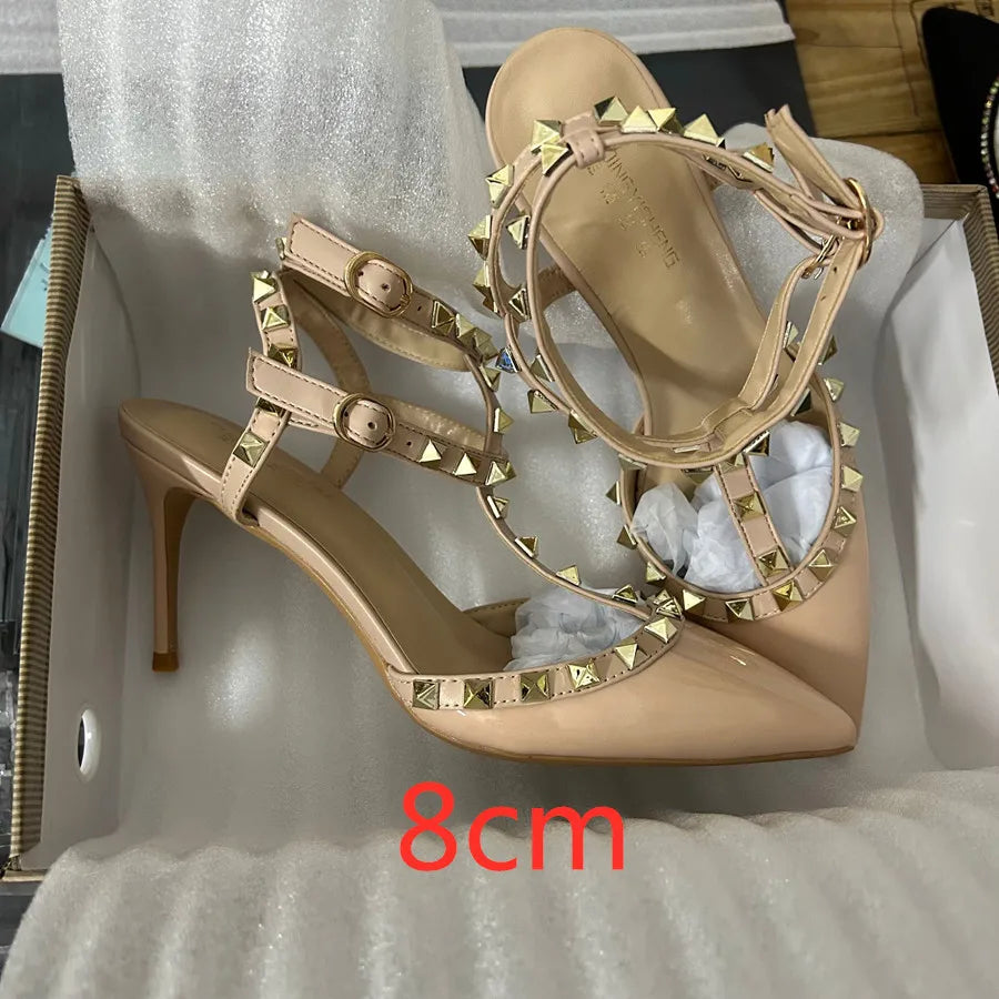 Beige Square Rivets T-Strapy Women Sandals High Heels Pointed Toe Pumps Ankle Buckle