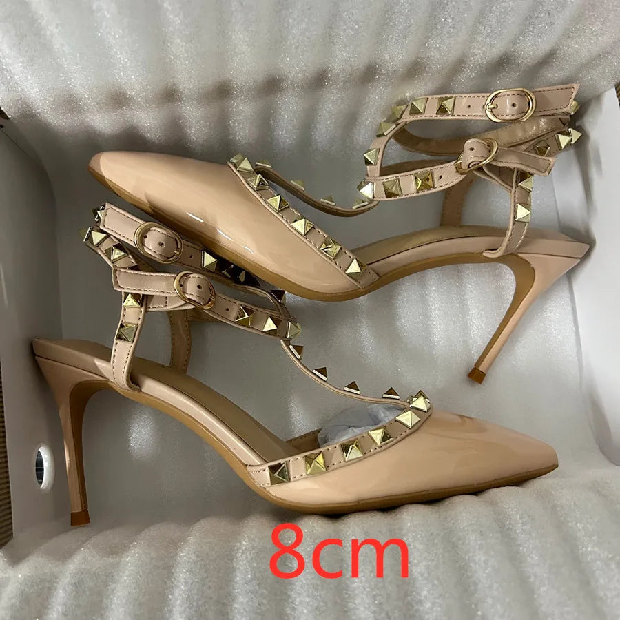 Beige Square Rivets T-Strapy Women Sandals High Heels Pointed Toe Pumps Ankle Buckle