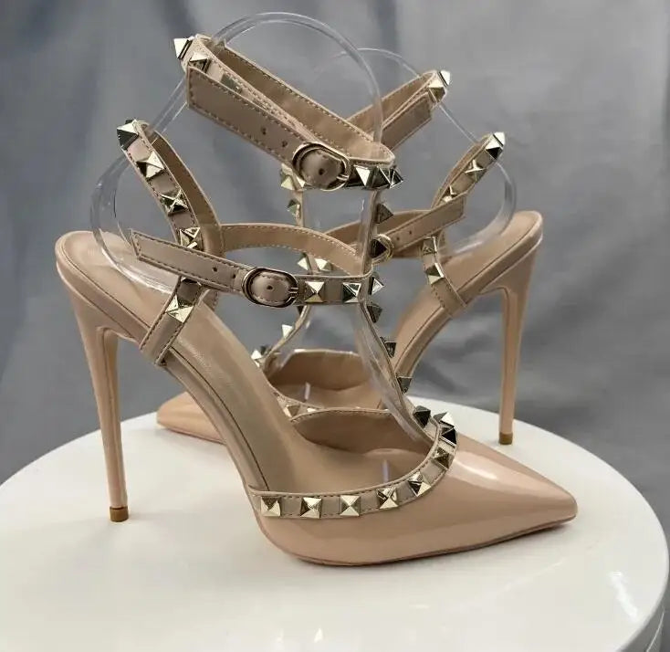 Beige Square Rivets T-Strapy Women Sandals High Heels Pointed Toe Pumps Ankle Buckle