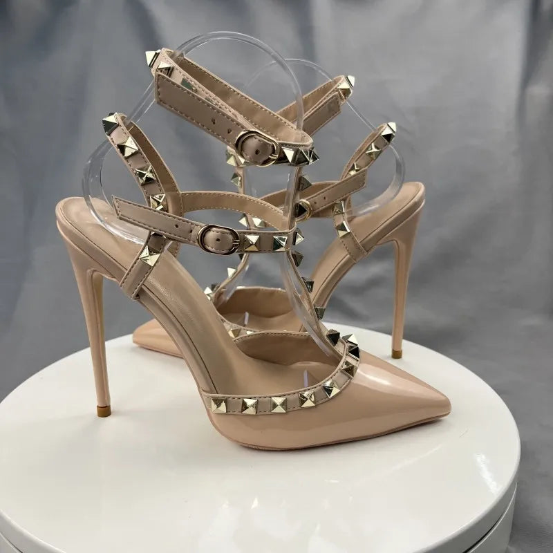 Beige Square Rivets T-Strapy Women Sandals High Heels Pointed Toe Pumps Ankle Buckle