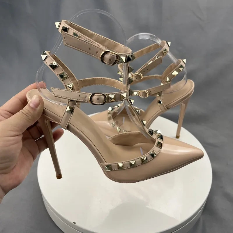 Beige Square Rivets T-Strapy Women Sandals High Heels Pointed Toe Pumps Ankle Buckle