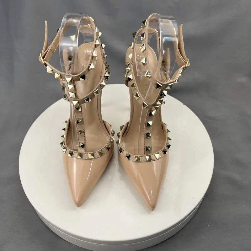 Beige Square Rivets T-Strapy Women Sandals High Heels Pointed Toe Pumps Ankle Buckle