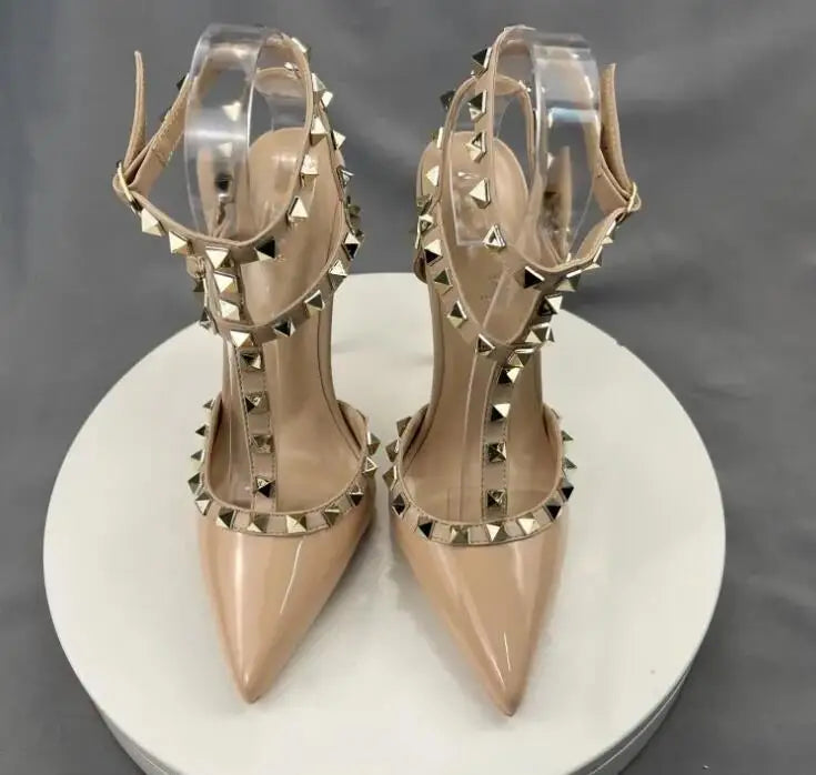 Beige Square Rivets T-Strapy Women Sandals High Heels Pointed Toe Pumps Ankle Buckle