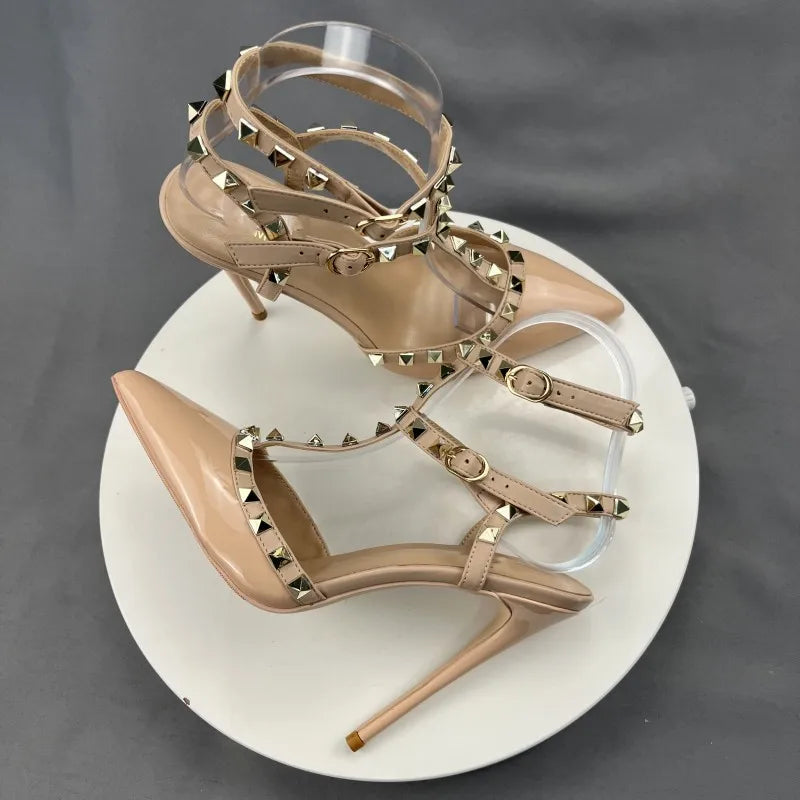 Beige Square Rivets T-Strapy Women Sandals High Heels Pointed Toe Pumps Ankle Buckle