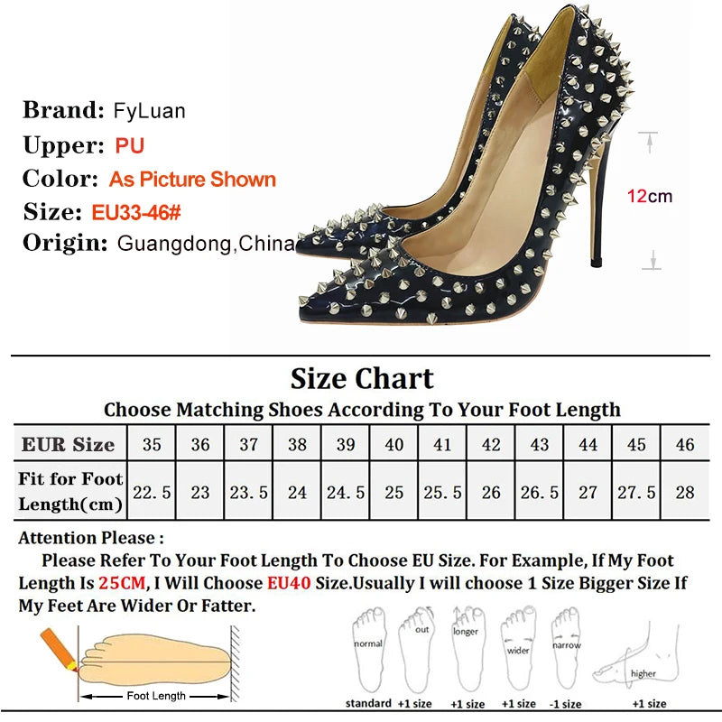 All Spikes Rivets Women Pointed Toe High Heels/Thin Heel 8, 10, 12CM