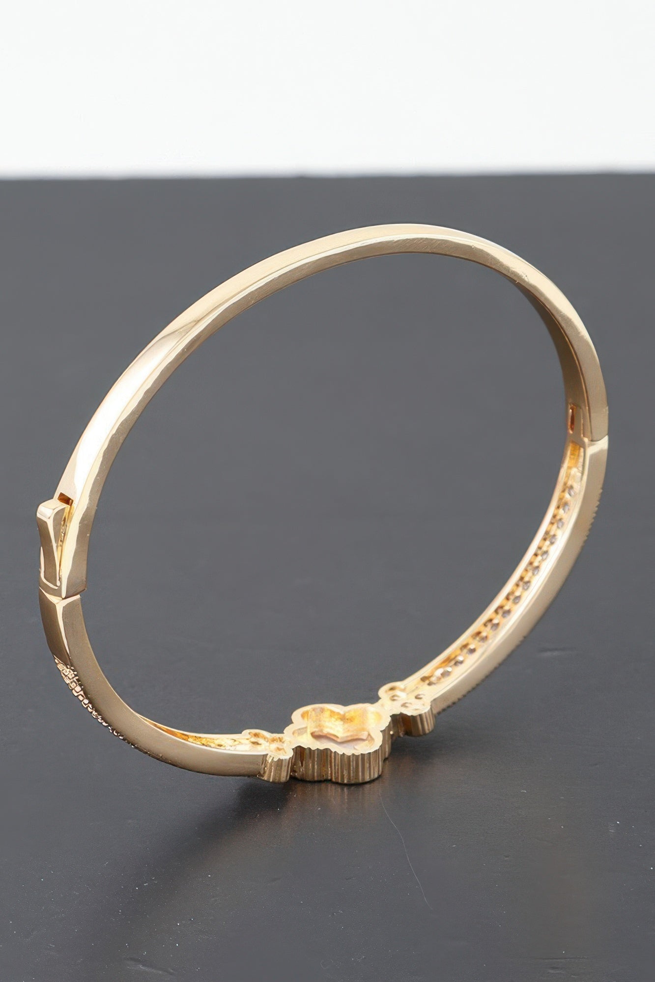 Gold Plated Pearl And Cz Pave Clover Bangle Bracelet