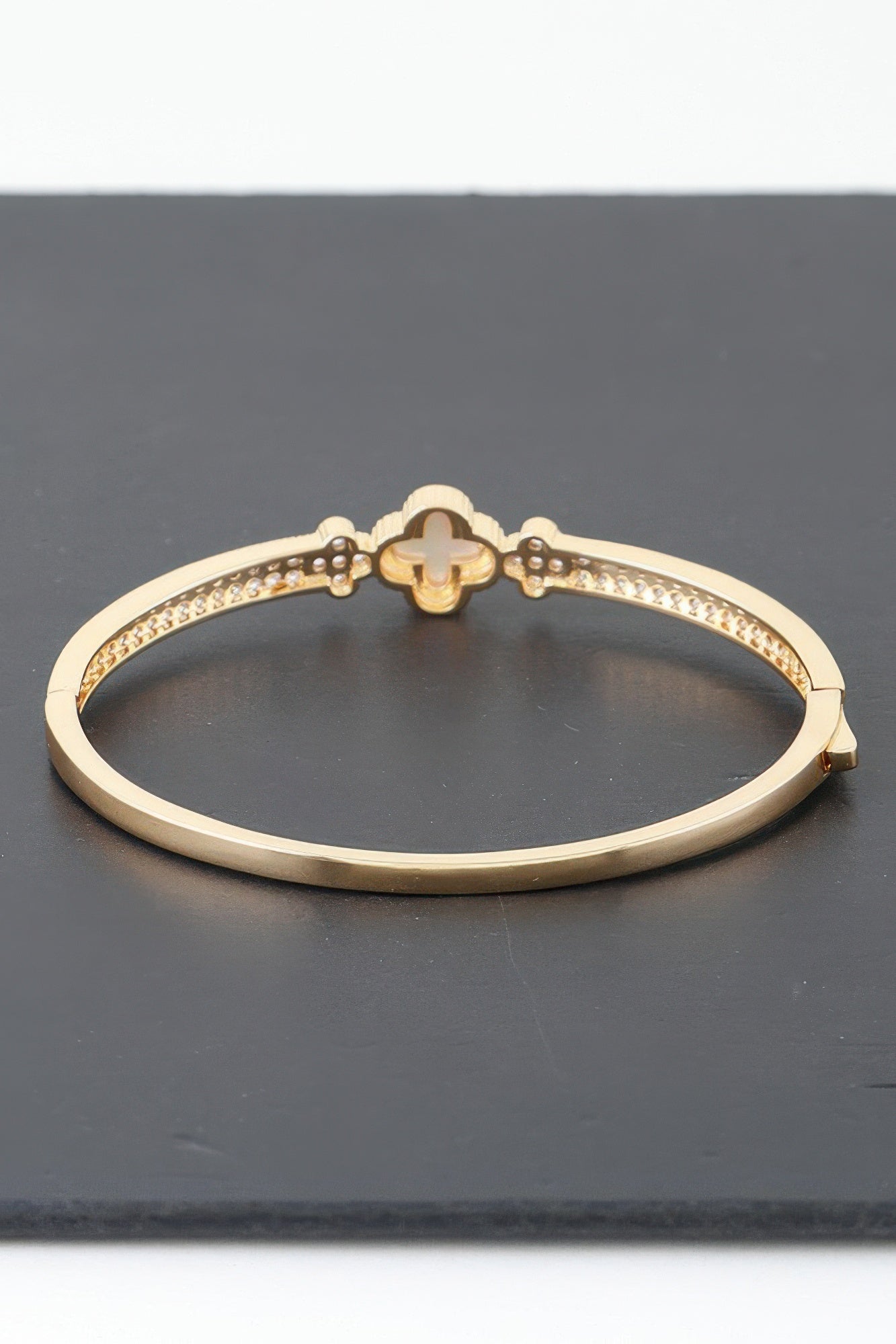 Gold Plated Pearl And Cz Pave Clover Bangle Bracelet