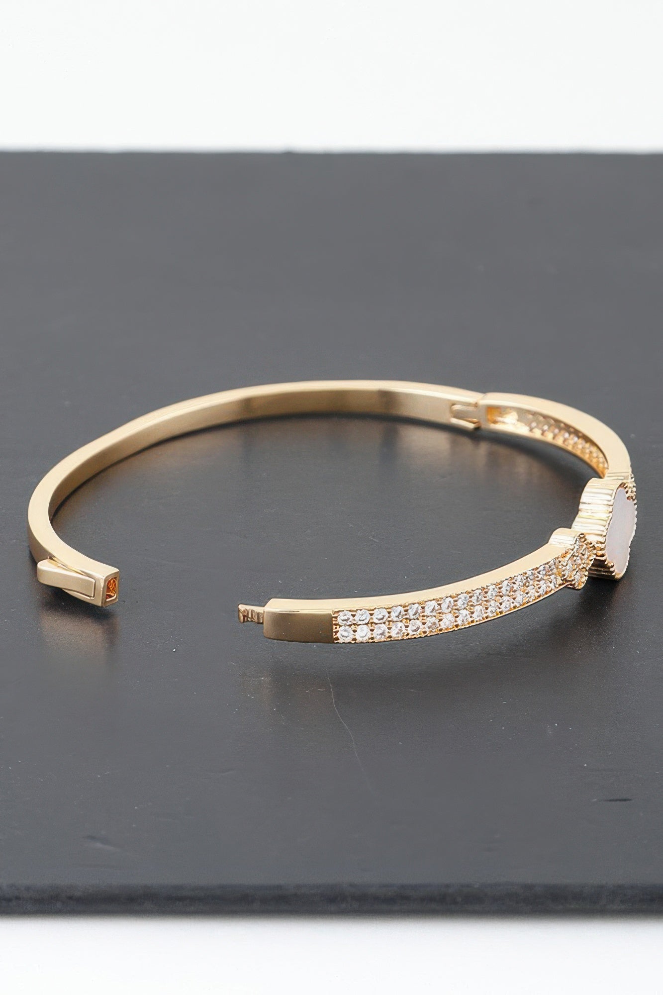 Gold Plated Pearl And Cz Pave Clover Bangle Bracelet