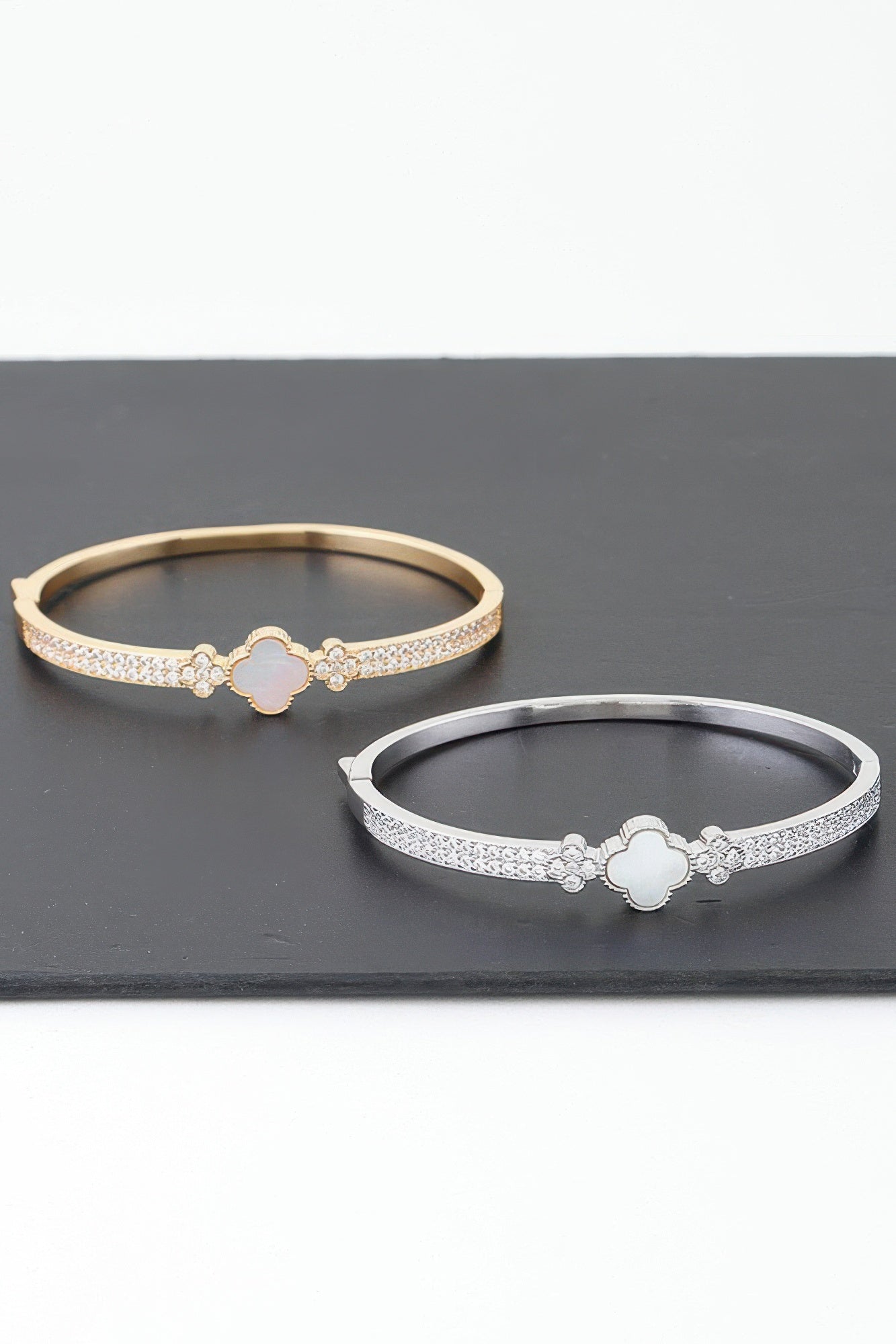 Gold Plated Pearl And Cz Pave Clover Bangle Bracelet