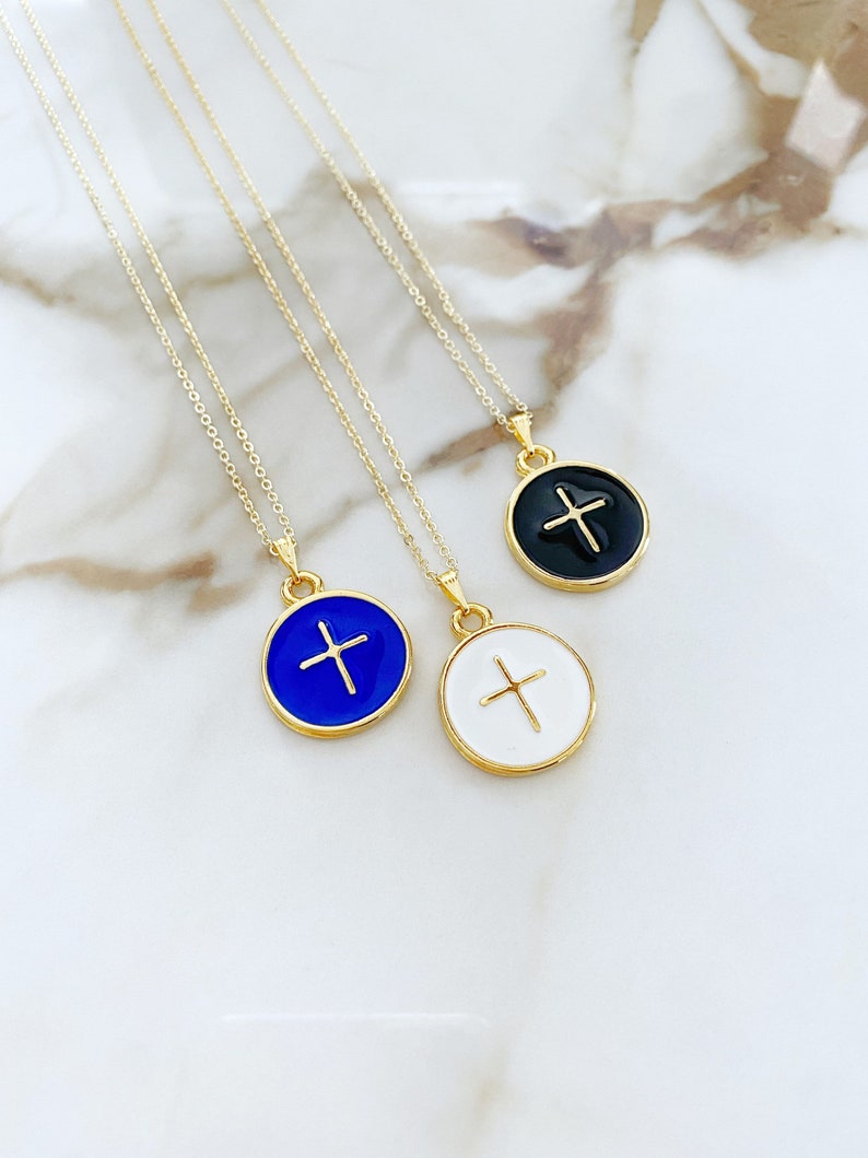 Gold Enamel Cross Necklace, Religious Necklace, Cross Pendant,
