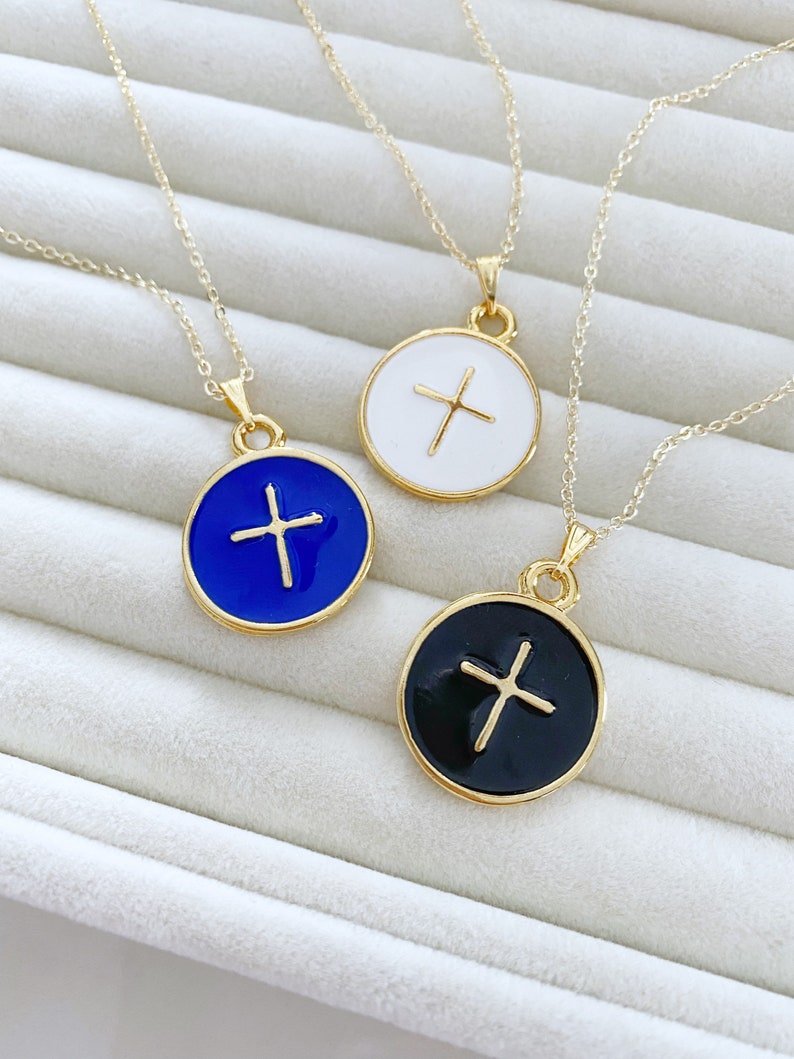 Gold Enamel Cross Necklace, Religious Necklace, Cross Pendant,
