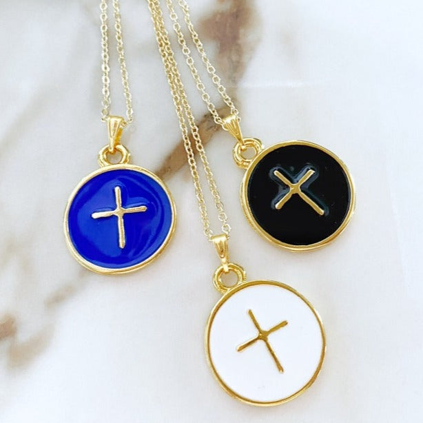 Gold Enamel Cross Necklace, Religious Necklace, Cross Pendant,