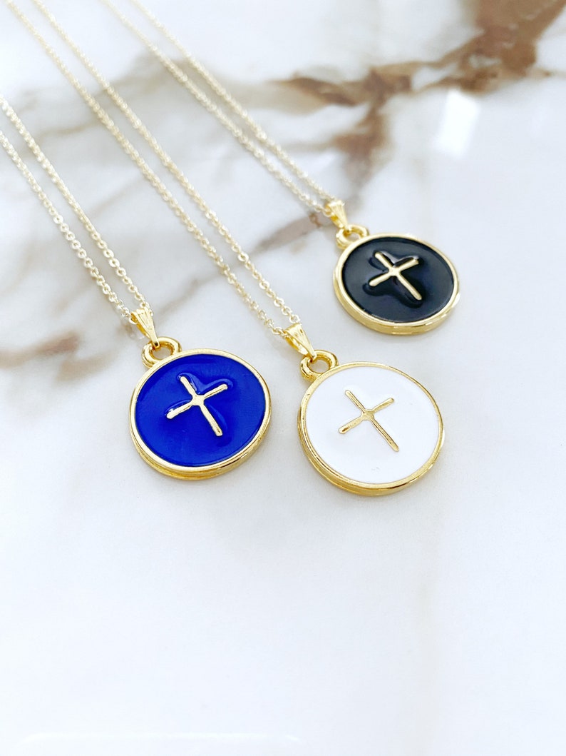 Gold Enamel Cross Necklace, Religious Necklace, Cross Pendant,