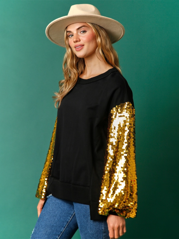 Christmas Sequin Sleeve Top Patchwork Long Sleeve Top