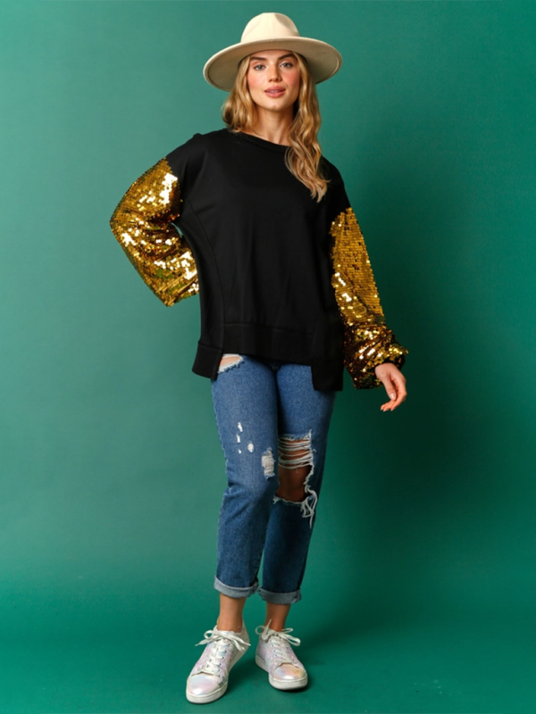 Christmas Sequin Sleeve Top Patchwork Long Sleeve Top