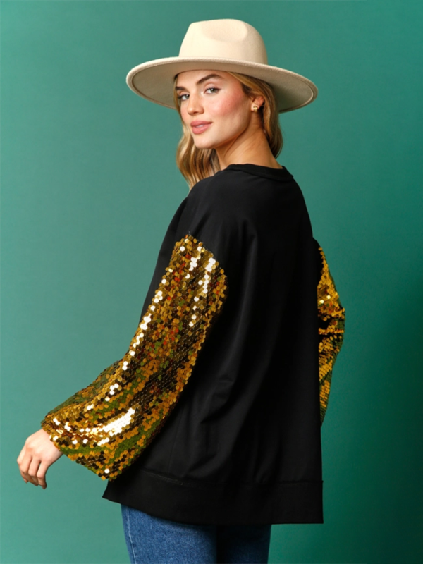 Christmas Sequin Sleeve Top Patchwork Long Sleeve Top