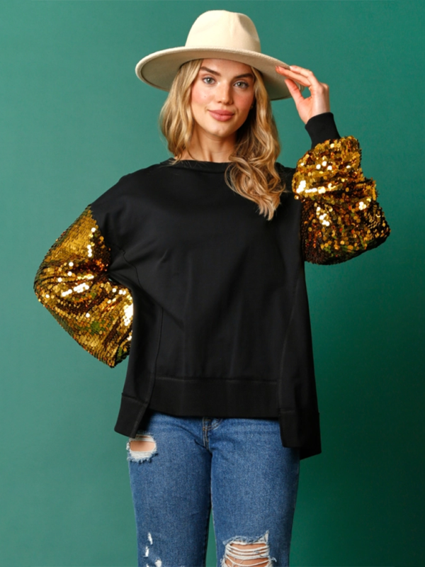 Christmas Sequin Sleeve Top Patchwork Long Sleeve Top