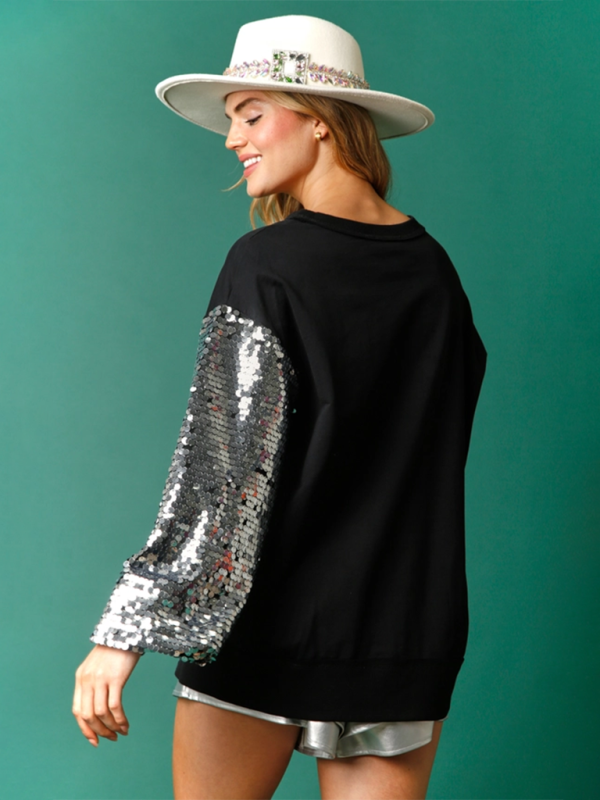 Christmas Sequin Sleeve Top Patchwork Long Sleeve Top