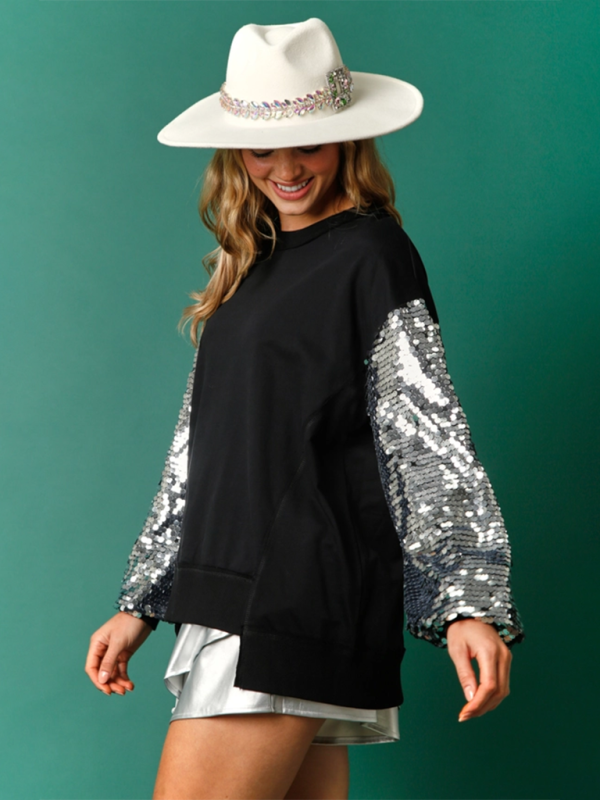 Christmas Sequin Sleeve Top Patchwork Long Sleeve Top