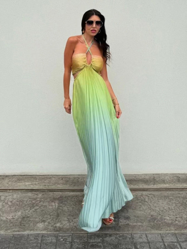 Gradient color halter neck pleated fashion long skirt ladies beach dress