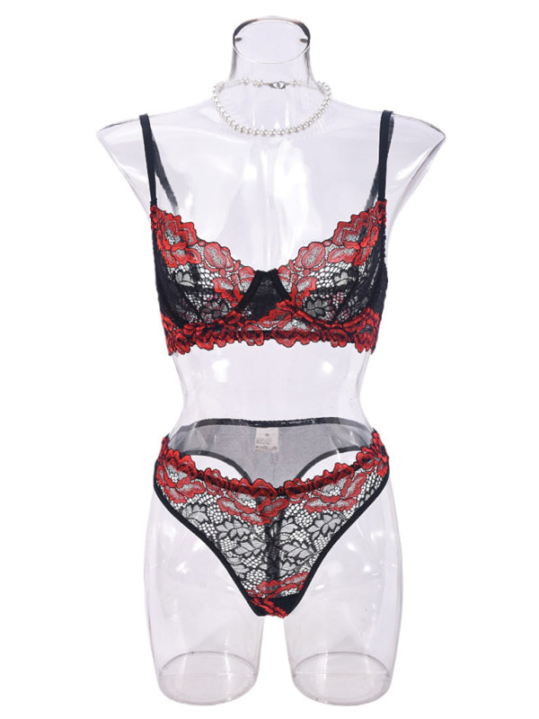 Contrast color lace bra lingerie set