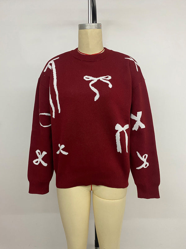 Christmas style sweet round neck bow jacquard sweater