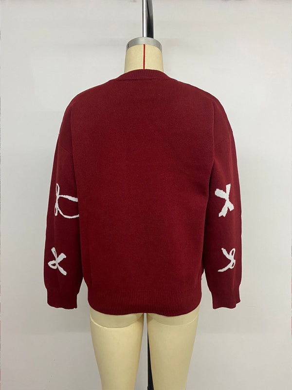 Christmas style sweet round neck bow jacquard sweater