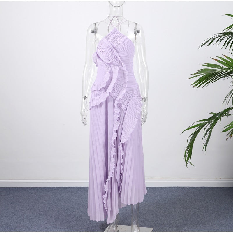 Women's new fashion pink purple pleated elegant sexy backless dress