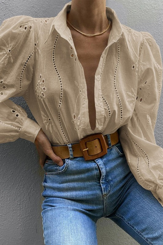 Hollow Out Solid Button Puff Sleeves Blouse