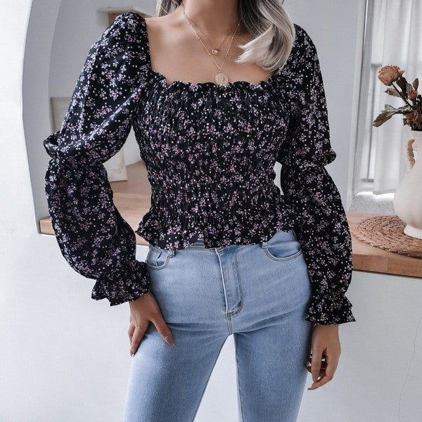 Smocked floral long sleeve top