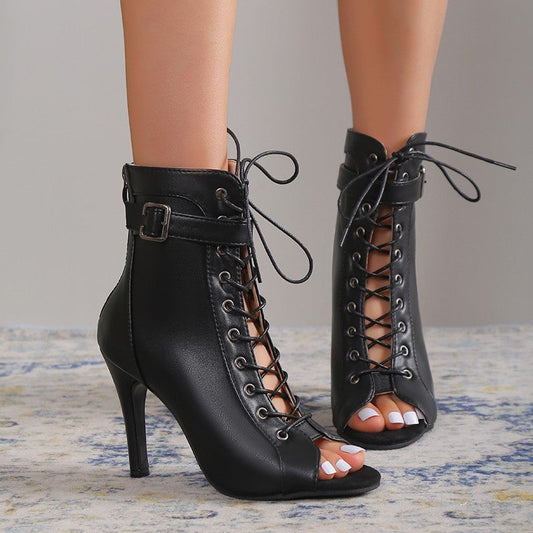 Women's Peep Toe High Heel Pumps Shoes Fashion Lace-up Buckle Sandals