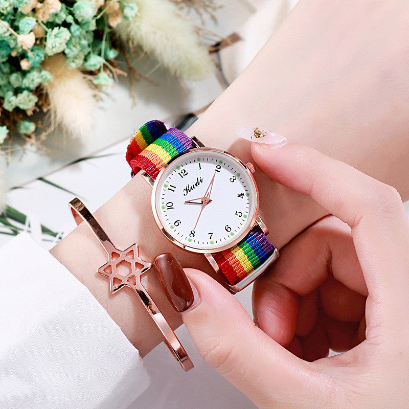 Reloj luminoso con diseño de cielo estrellado para mujer, informal, de lona con arcoíris