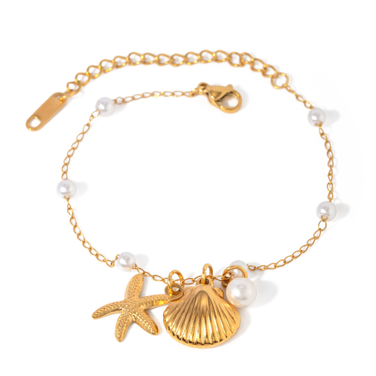 Pulsera con colgante de estrella de mar y concha de verano con cadena de perlas y acero inoxidable de oro de 18 quilates