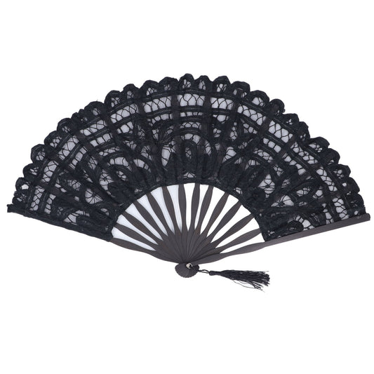 Folding Fan Hallow Lace Bamboo Bones Vintage Style Hand Fan with Tassel for Performance Clothes Decoration GiftBlack