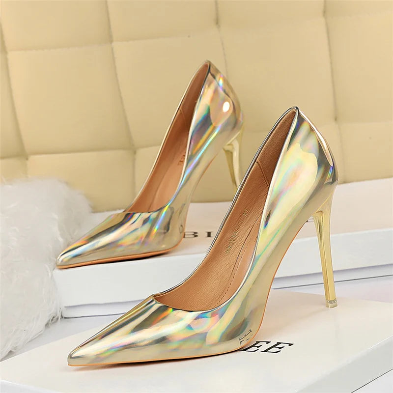 2023 Women 10.5cm High Heels Variety of Colors-Camel-Nude-Brown-Silver-Red-Champagne-Gold-/Luxury Glossy Stilettos