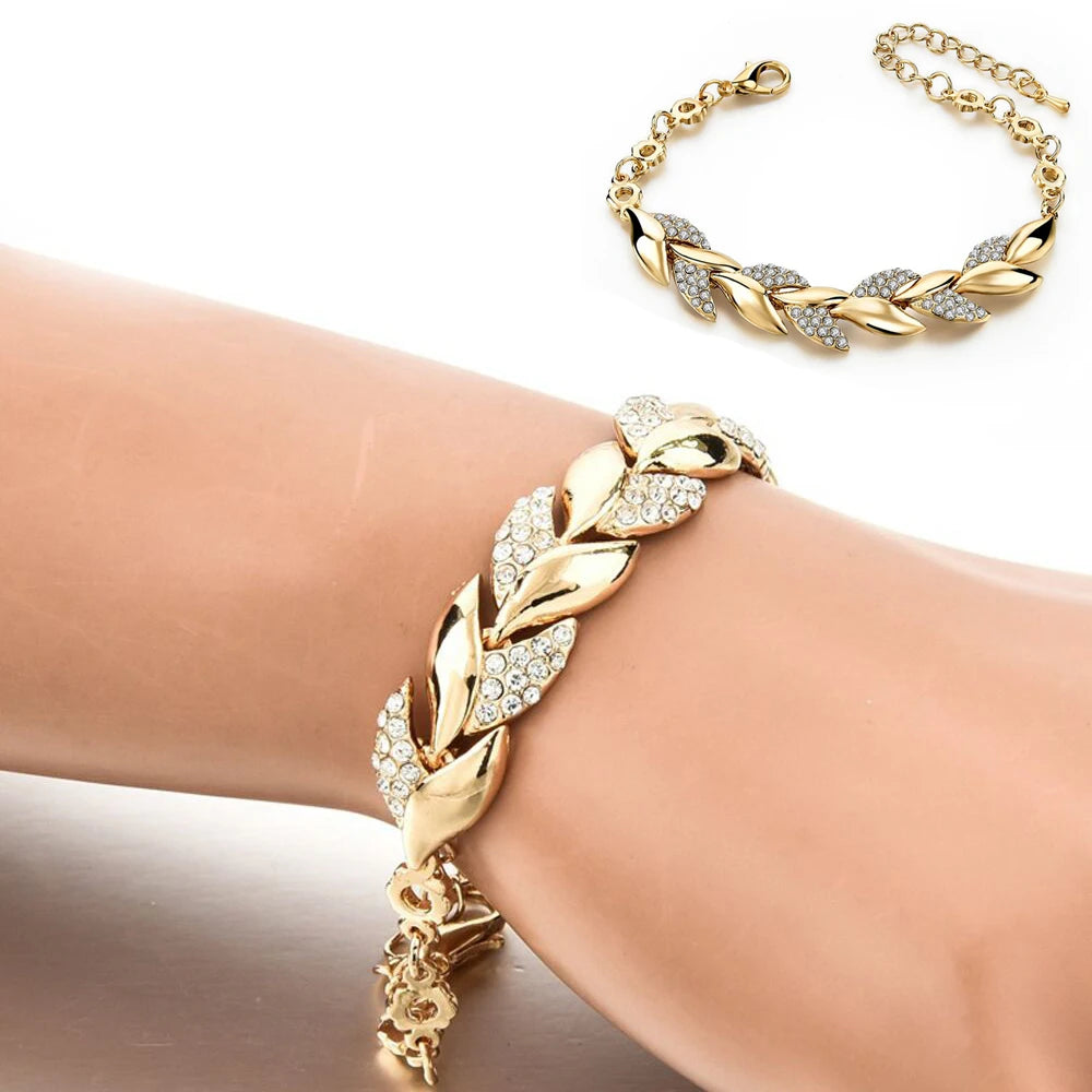 Bohemian Style Women Girls Gold Bracelet  Rhinestone Leaves Chain Bangle Luxury Wedding Jewelry Simple Fashion Elegant New