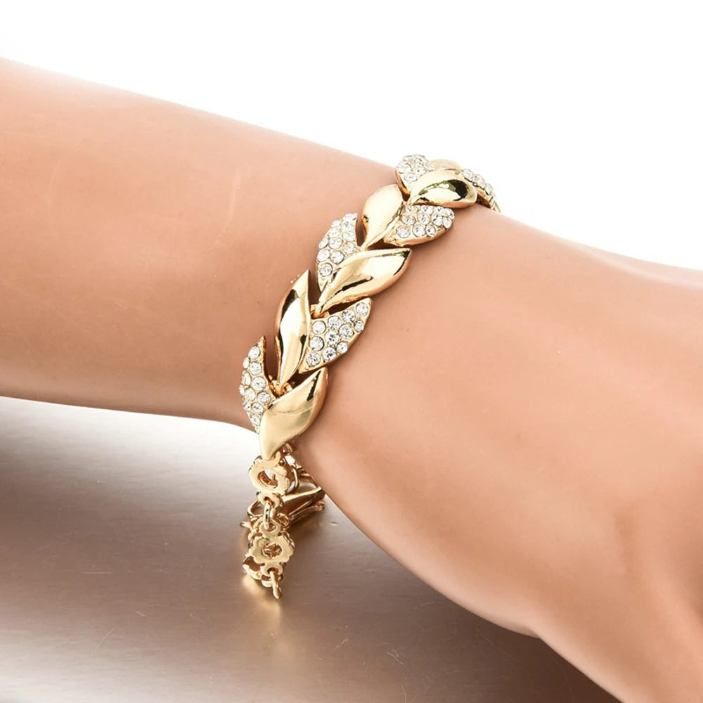 Bohemian Style Women Girls Gold Bracelet  Rhinestone Leaves Chain Bangle Luxury Wedding Jewelry Simple Fashion Elegant New