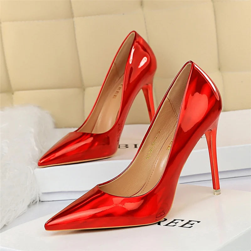 2023 Women 10.5cm High Heels Variety of Colors-Camel-Nude-Brown-Silver-Red-Champagne-Gold-/Luxury Glossy Stilettos