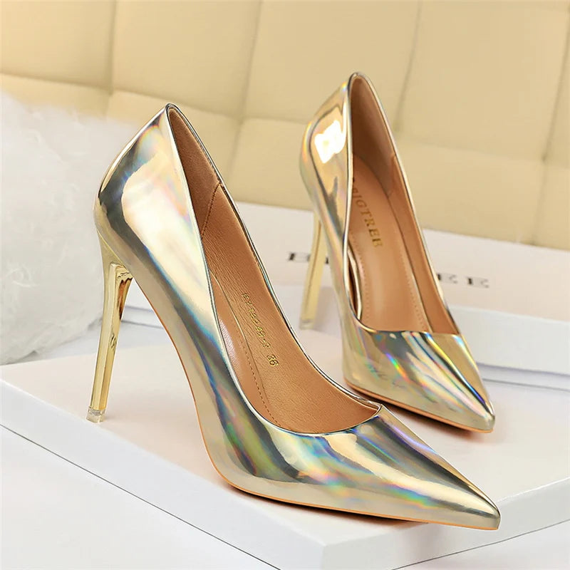 2023 Women 10.5cm High Heels Variety of Colors-Camel-Nude-Brown-Silver-Red-Champagne-Gold-/Luxury Glossy Stilettos