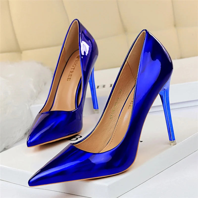 Tacones altos brillantes de lujo de 10,5 cm para mujer 2023, variedad de colores: azul y negro