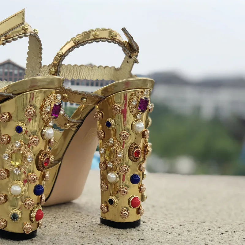 Women Chunky High Heels Platform Sandals Rhinestone Metallic Gold Leather Peep Toe