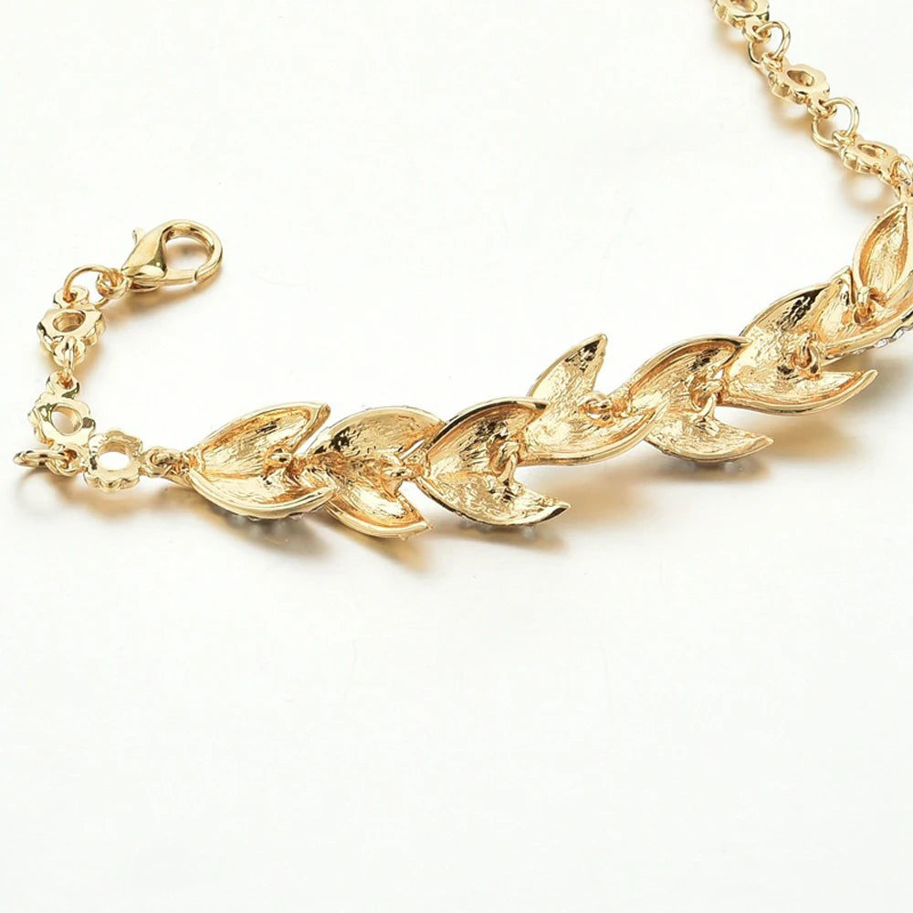 Bohemian Style Women Girls Gold Bracelet  Rhinestone Leaves Chain Bangle Luxury Wedding Jewelry Simple Fashion Elegant New