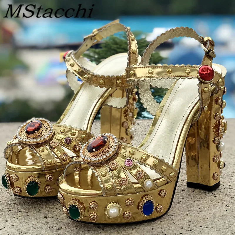 Sandalias de plataforma con tacón alto grueso para mujer, con diamantes de imitación, de cuero dorado metalizado y punta abierta