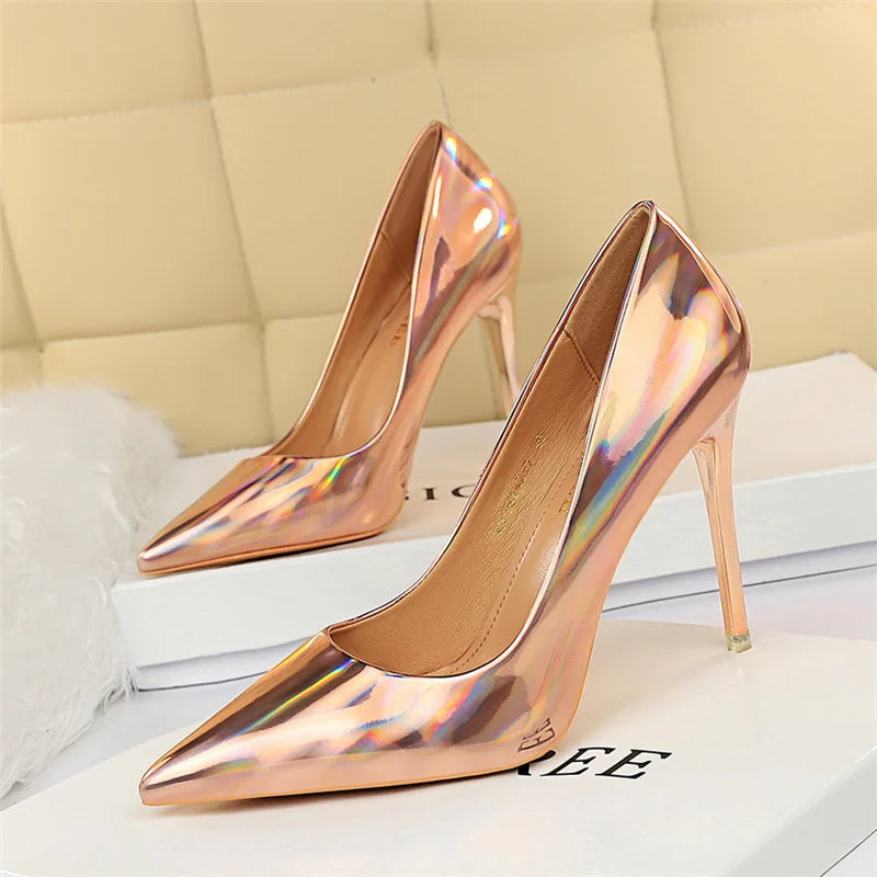 2023 Women 10.5cm High Heels Variety of Colors-Camel-Nude-Brown-Silver-Red-Champagne-Gold-/Luxury Glossy Stilettos