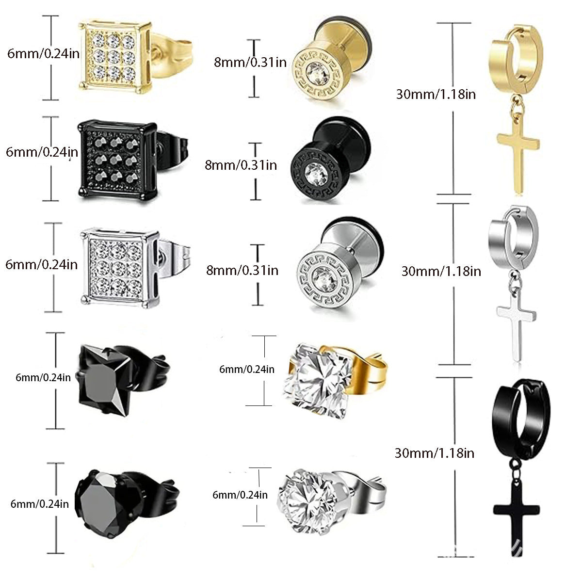 15 pares de pendientes de acero inoxidable de alta calidad, hipoalergénicos.