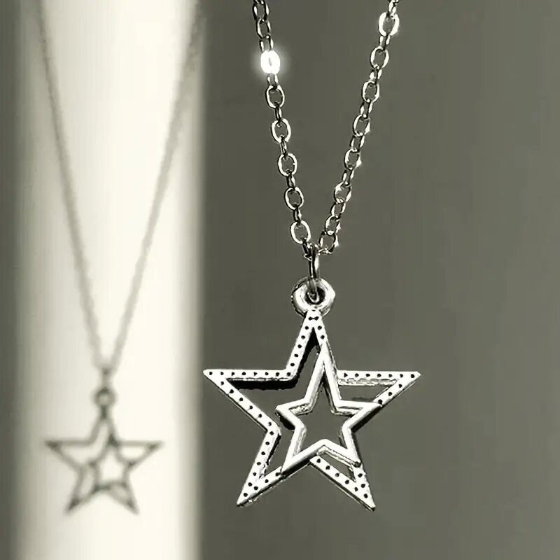 Collar retro de estrella de cinco puntas, cadena de suéter simple con estrellas huecas