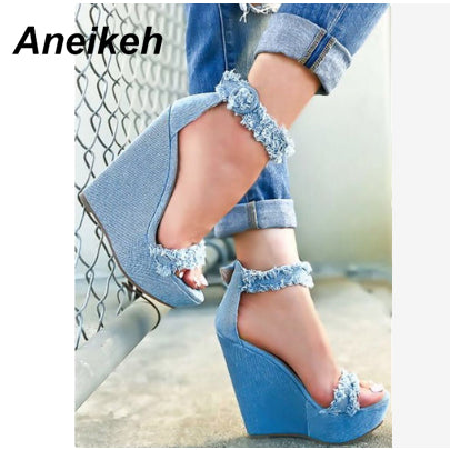 Aneikeh 2025 Blue Designer Denim Sandals Summer Woman Wedges High Heels Peep Toe Platform Roman DRESS Pumps Shoes 35-40